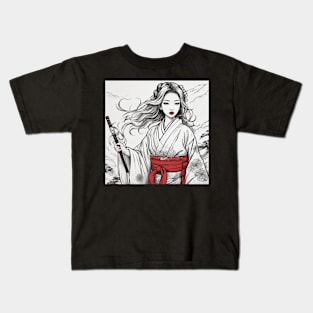 PAINTING  JAPANESE GIRL BLACK AND WHITE Kids T-Shirt